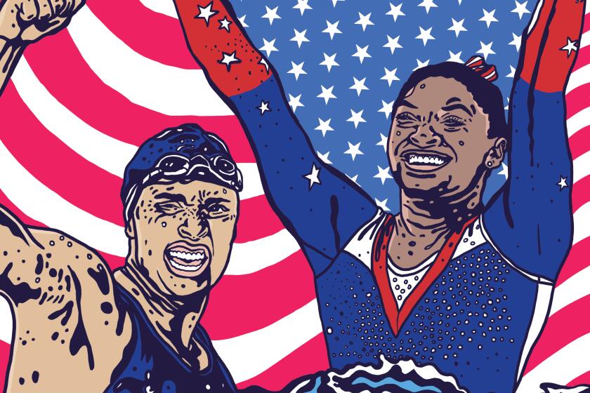 Illustration for the Tokyo Olympics section cover of Simone Biles and Katie Ledecky.