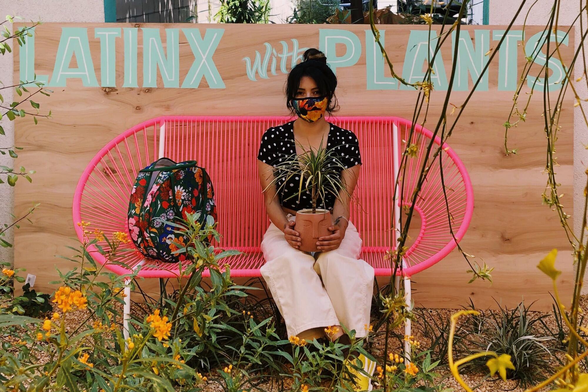Andi Xoch sits on a neon pink bench holding a palm plant with the words "Latinx With Plants" on the wall behind her.