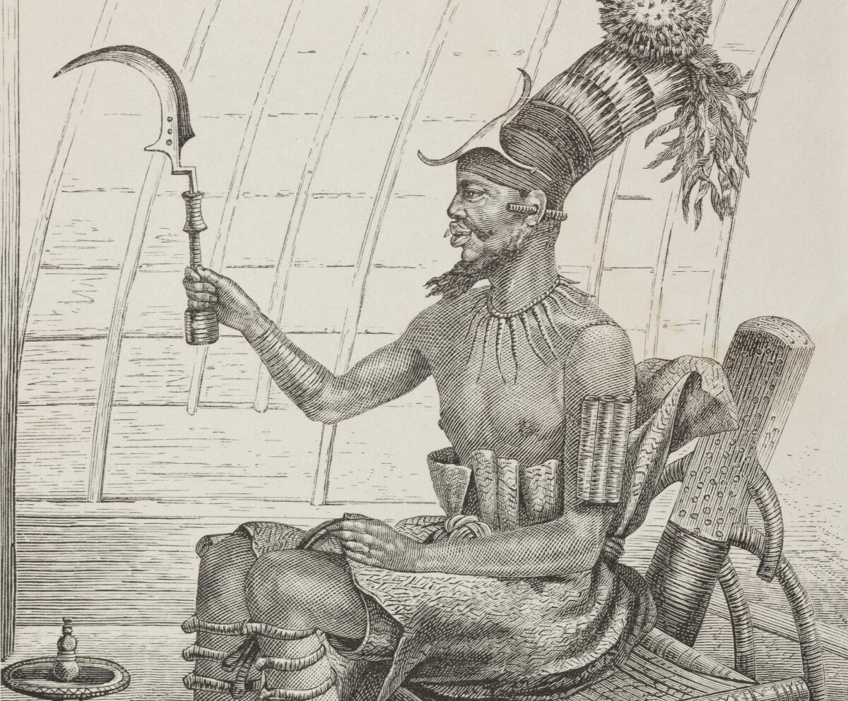 A 19th century engraving shows an African king of the Mangbetu ethnicity seated in a regal pose while wielding a scepter