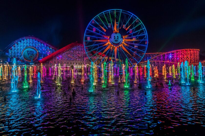The "World of Color" show at Disney California Adventure features movies projected onto water fountains.