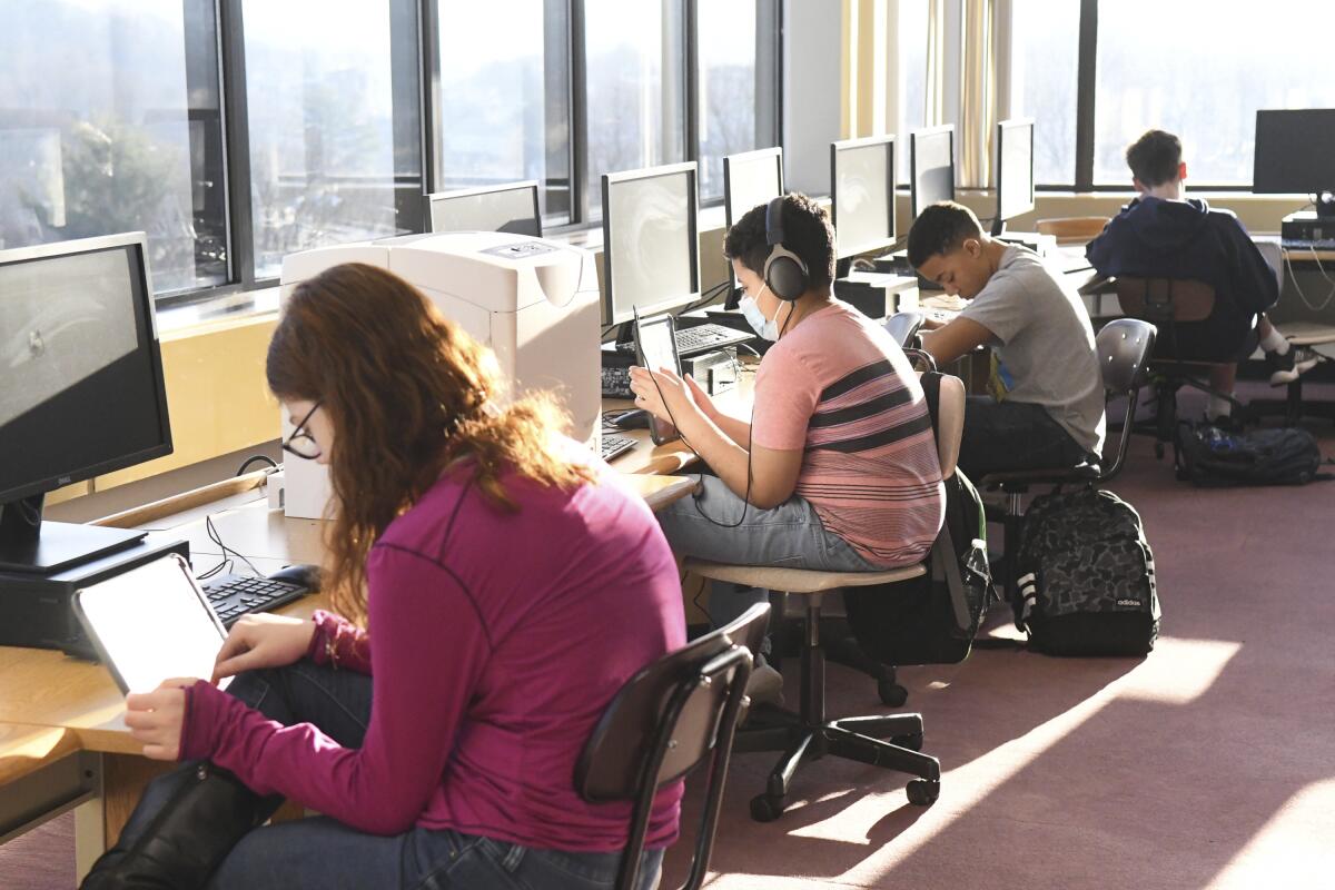 Several students face computers as they work in a library