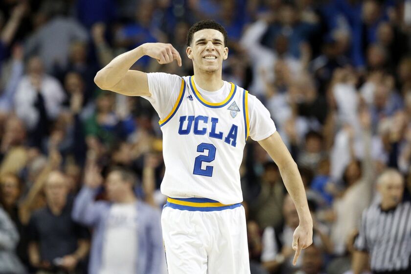 Bruins guard Lonzo Ball (2) celebrates after making a three-point basket against the Ducks late in a game on Feb. 9, 2017.
