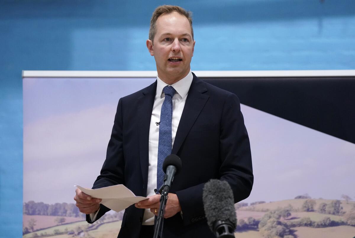 Liberal Democrat Richard Foord gives a victory speech in Crediton, England, on Friday.