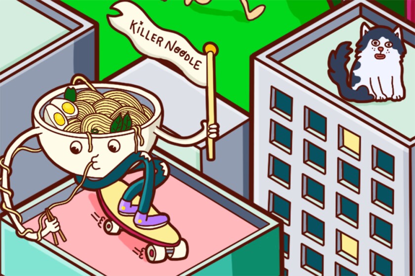 A bowl of ramen rides a skateboard and holds a flag that says Killer Ramen
