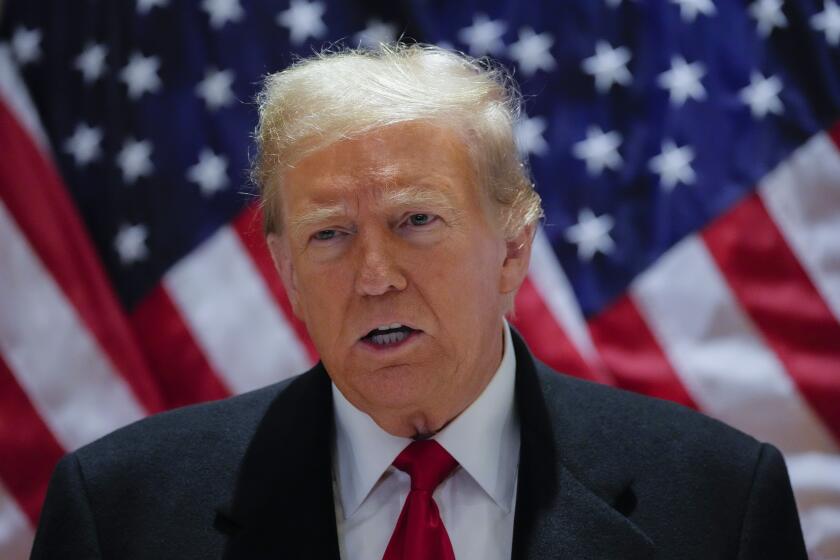 Former President Donald Trump speaks during a press conference at 40 Wall Street after a pre-trial hearing at Manhattan criminal court, Monday, March 25, 2024, in New York. A New York judge has scheduled an April 15 trial date in former President Donald Trump's hush money case. Judge Juan M. Merchan made the ruling Monday.(AP Photo/Frank Franklin II)