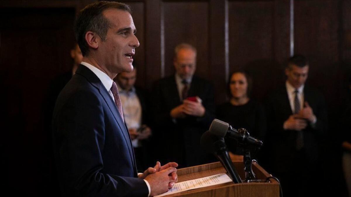 Los Angeles Mayor Eric Garcetti speaks during a news conference on Jan. 29, 2019, at City Hall.