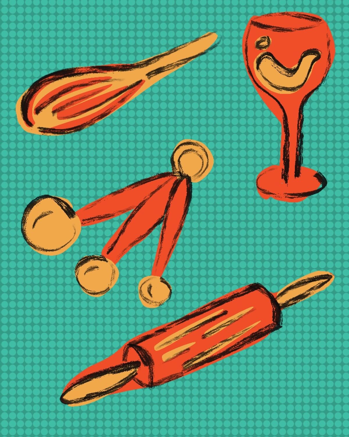Illustration of baking and cooking utensils and a glass of wine.