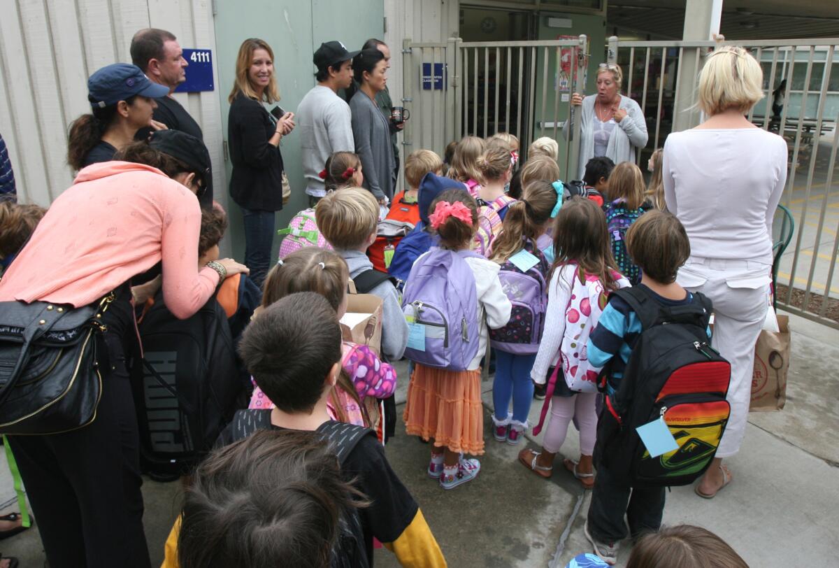 Kindergartners on their first day of class at Top of the World school in Laguna Beach in 2010.