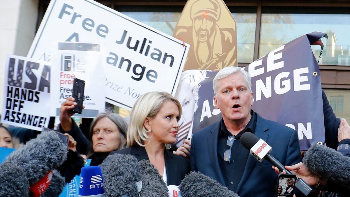 WikiLeaks' Editor in Chief Kristinn Hrafnsson, right, and lawyer Jennifer Robinson speak to the media outside Westminster Magistrates' Court in London.