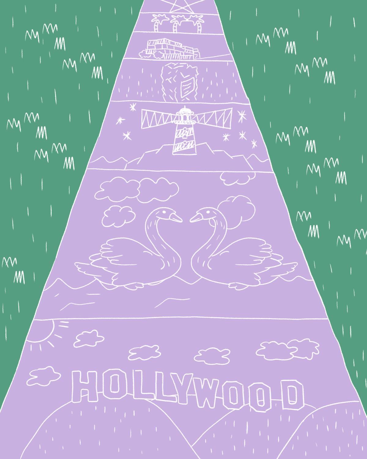 A chalked sidewalk illustrating a few of the sights you can see on your L.A. stroll.