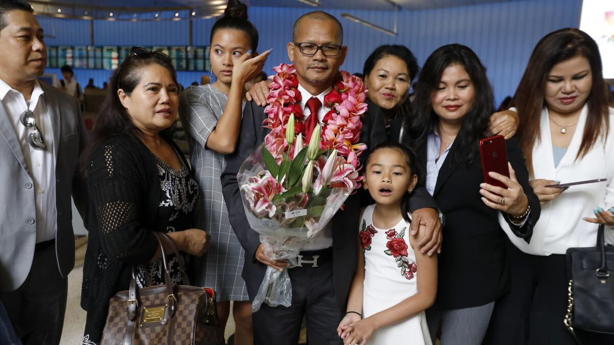 Sovannara is surrounded by family upon his arrival at LAX on Saturday.