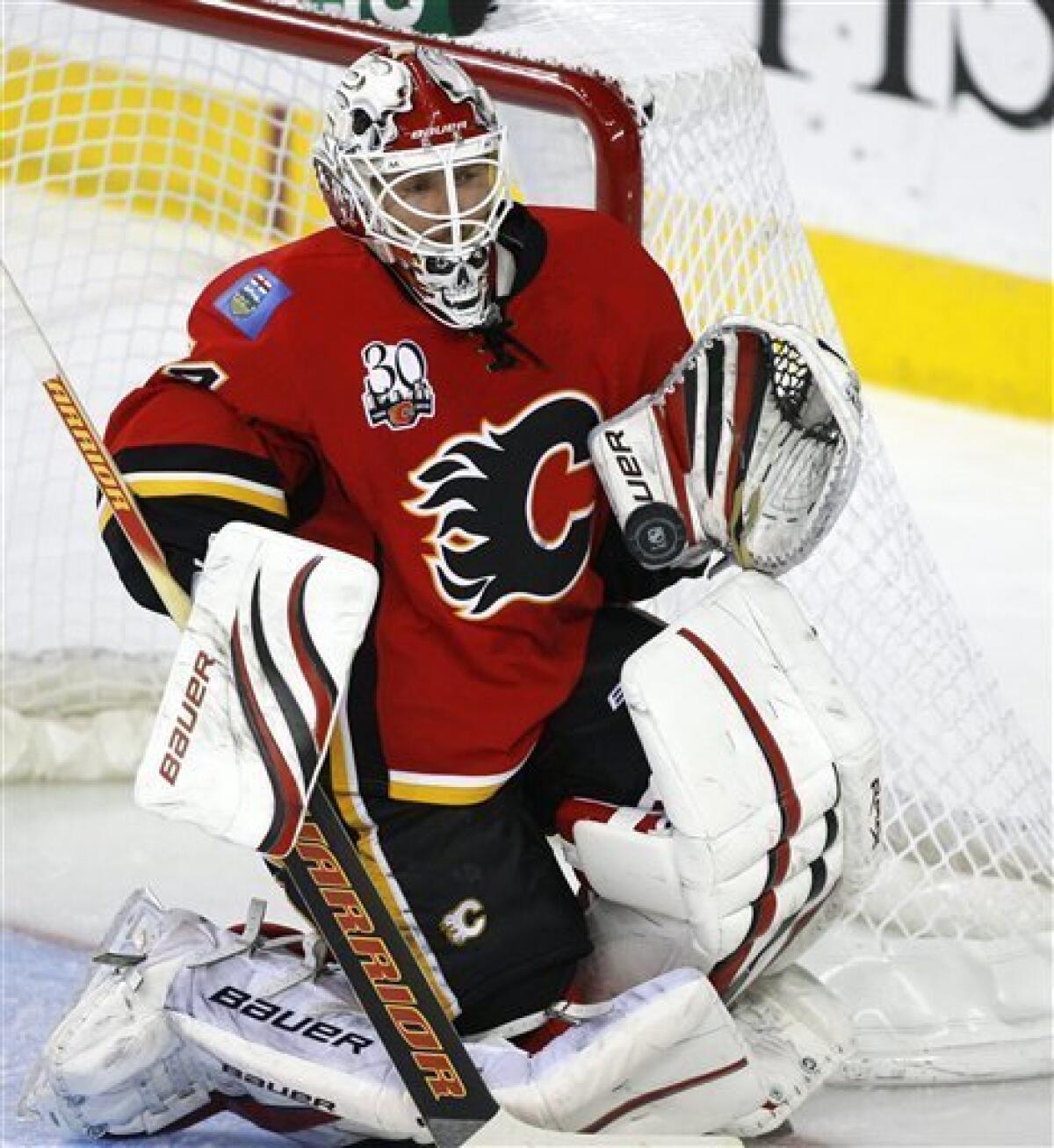 NHL player profile photo on Calgary Flames' goalie Miikka Kiprusoff, from  Finland, as he makes a save during a recent game in Calgary, Alberta. The  Canadian Press Images/Larry MacDougal (Canadian Press via