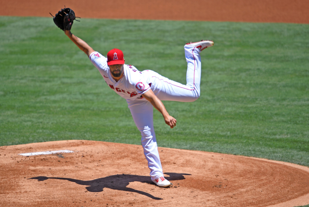 Angels starter Patrick Sandoval delivers a pitch during Sunday's game against the Seattle Mariners.