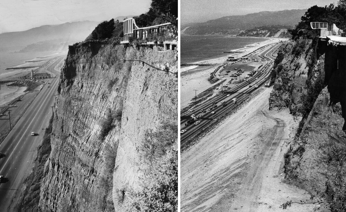 Two photos of Pacific Coast Highway north of Santa Monica, taken from the same location. The left image is from 1961, the right from 1980.