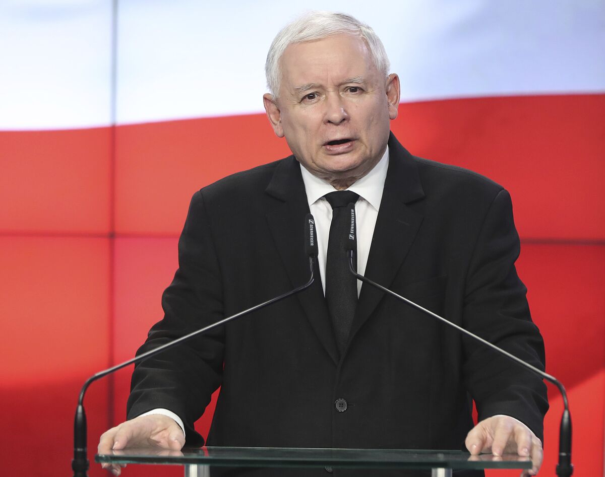 FILE - In this Thursday, Aug. 8, 2019 file photo, Jaroslaw Kaczynski, the head of Poland's ruling party, speaks at a news conference where the speaker of the parliament resigns in Warsaw, Poland. Poland’s most powerful politician says the country’s future is in the European Union but that Poland also wishes to remain a sovereign country. Jaroslaw Kaczynski, who is the head of the ruling conservative party made his comments in an interview with the state news agency, published Wednesday, Sept. 15, 2021. (AP Photo/Czarek Sokolowski, File)