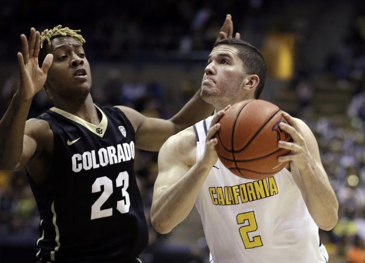 California guard Sam Singer, right, looks to shoot against Colorado's Bryce Peters (23) in the second half on Feb. 5.