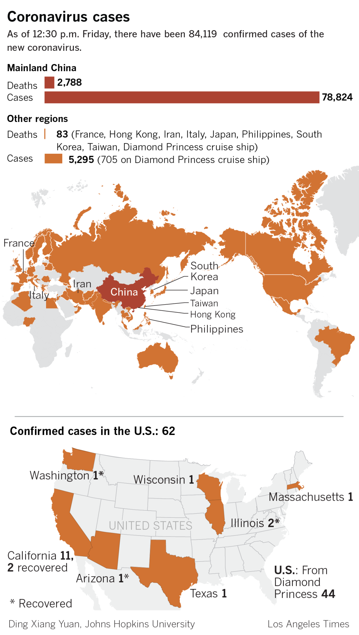 A map showing the spread of coronavirus around the world