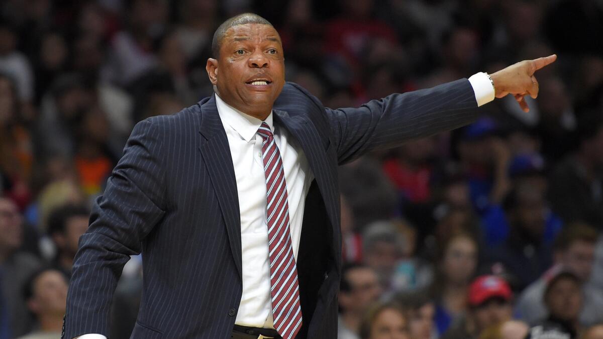 Clippers Coach Doc Rivers gestures during a win over the Philadelphia 76ers at Staples Center on Jan 3.