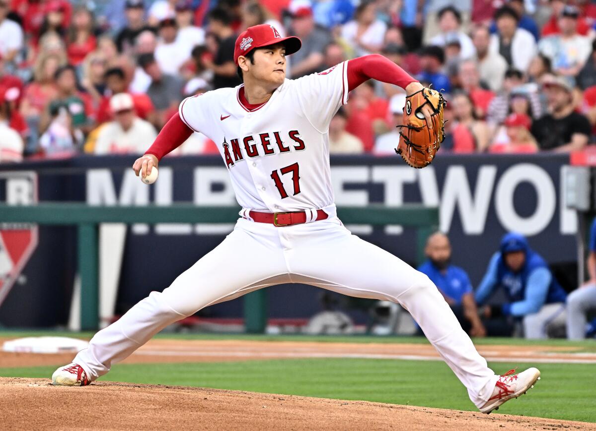 Shohei Ohtani pitches against the Kansas City Royals on Wednesday. Ohtani struck out 13 in the Angels' 5-0 victory.