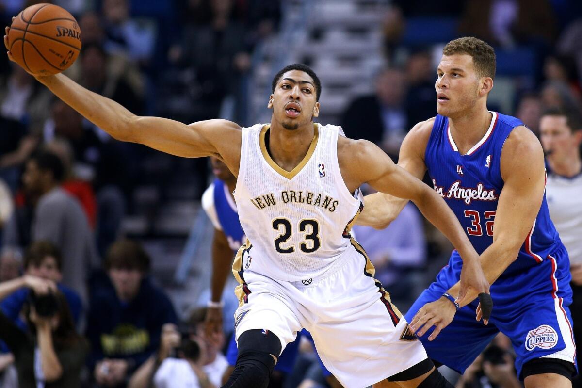 Budding superstar power forward Anthony Davis (23) and the Pelicans will give Clippers All-Star Blake Griffin (32) and the Clippers all they can handle Saturday.