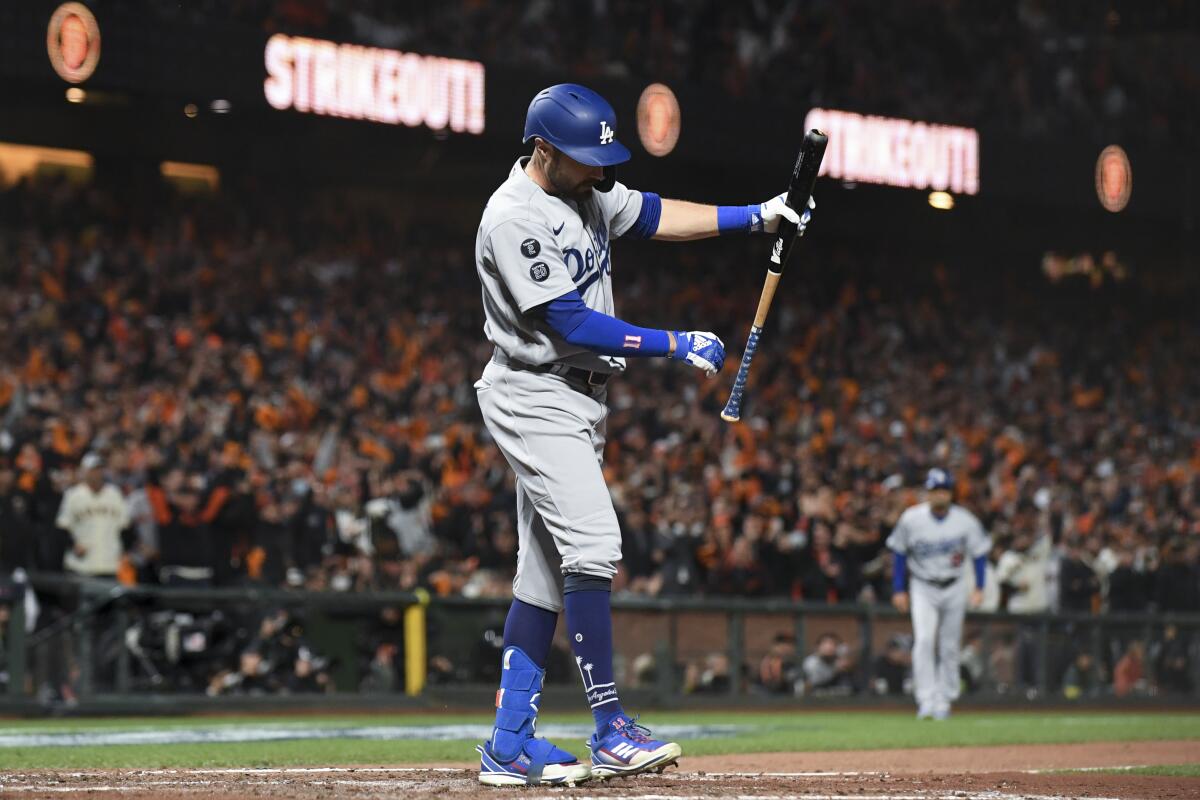 San Francisco, CA - October 08: Los Angeles Dodgers' AJ Pollock reacts after striking out.