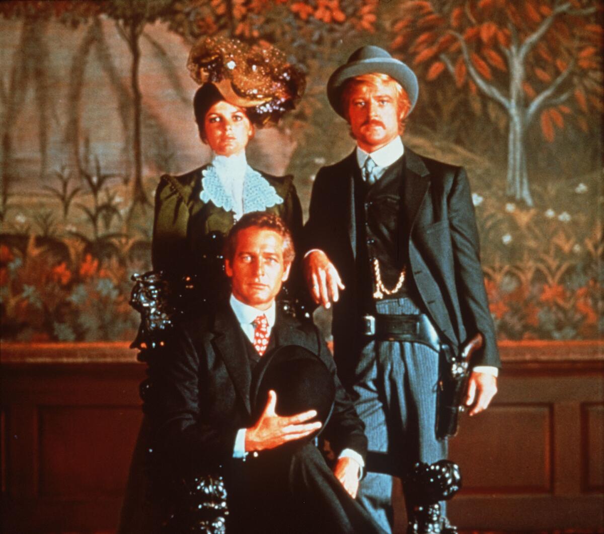 Katherine Ross, left, Paul Newman and Robert Redford pose for a photo in "Butch Cassidy and the Sundance Kid" (1969).