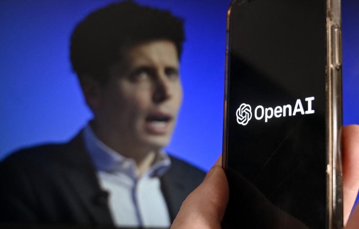 Photo illustration of Sam Altman with a smartphone displaying the OpenAI logo