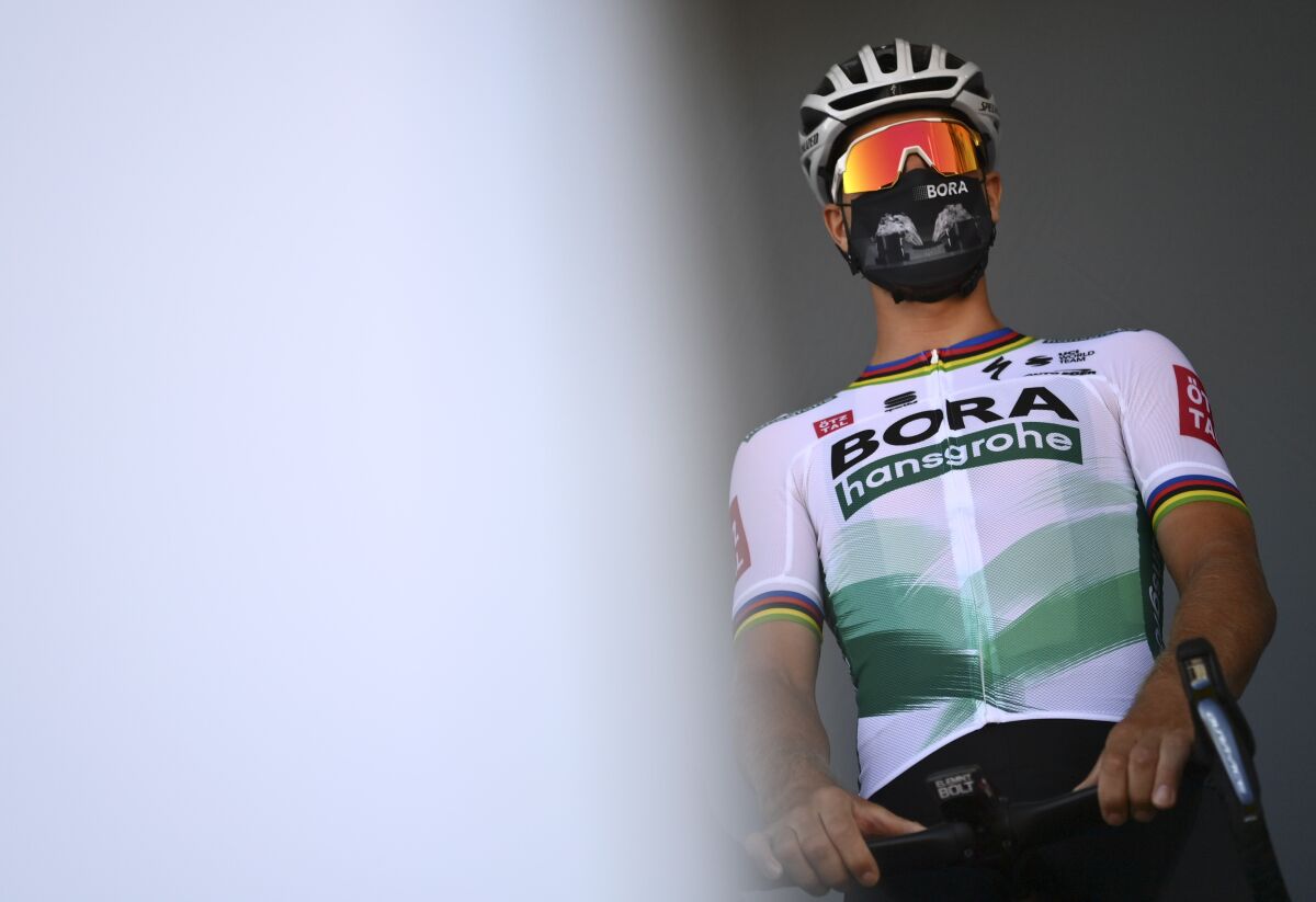 Slovakia's Peter Sagan arrives for the start of the sixth stage of the Tour de France cycling race over 191 kilometers from Le Teil to Mt. Aigoual Thursday, Sept. 3, 2020. (Marco Betorello/Pool via AP)