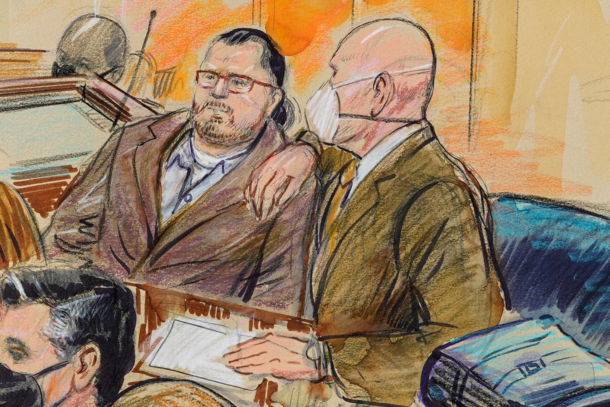 A drawing of Guy Wesley Reffitt and his lawyer in court