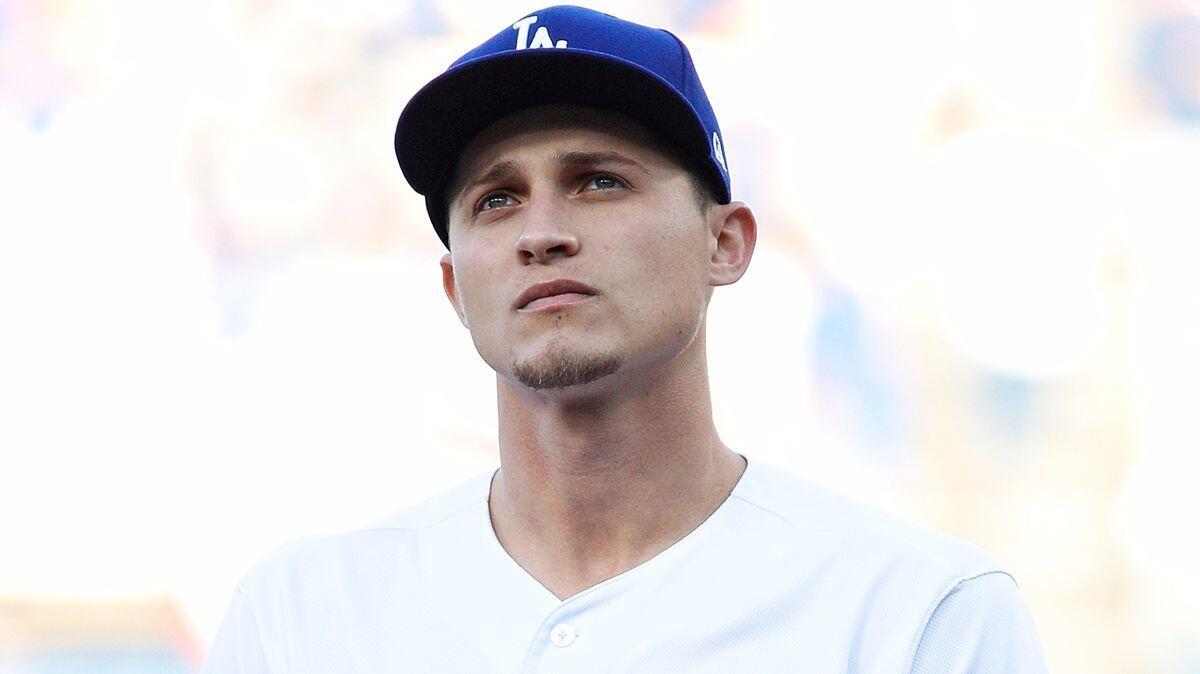 Dodgers' Corey Seager is seen before Game 1 of the NLCS against the Chicago Cubs at Dodger Stadium on Oct. 14.
