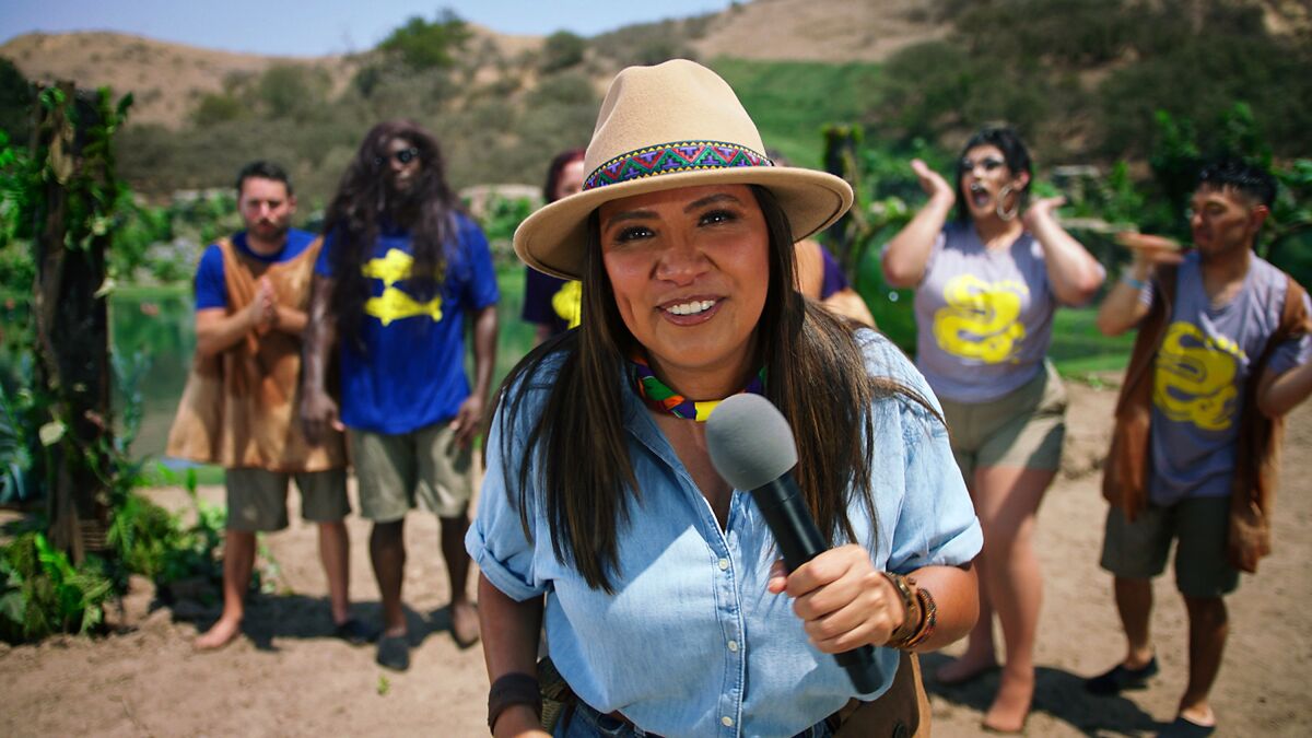 Cristela Alonzo filming a scene as host of "Legends of the Hidden Temple."