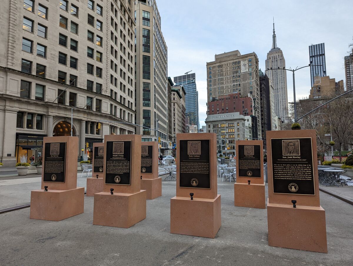 Memorial markers on a plaza in New York City.