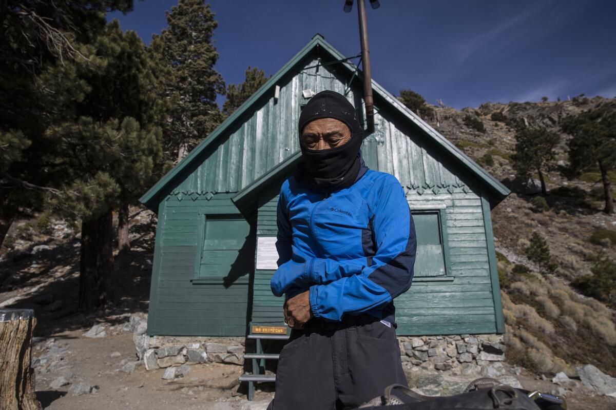 Kim takes a break at the San Antonio Ski Hut at 8,300 feet, along the trail up to Mt. Baldy.