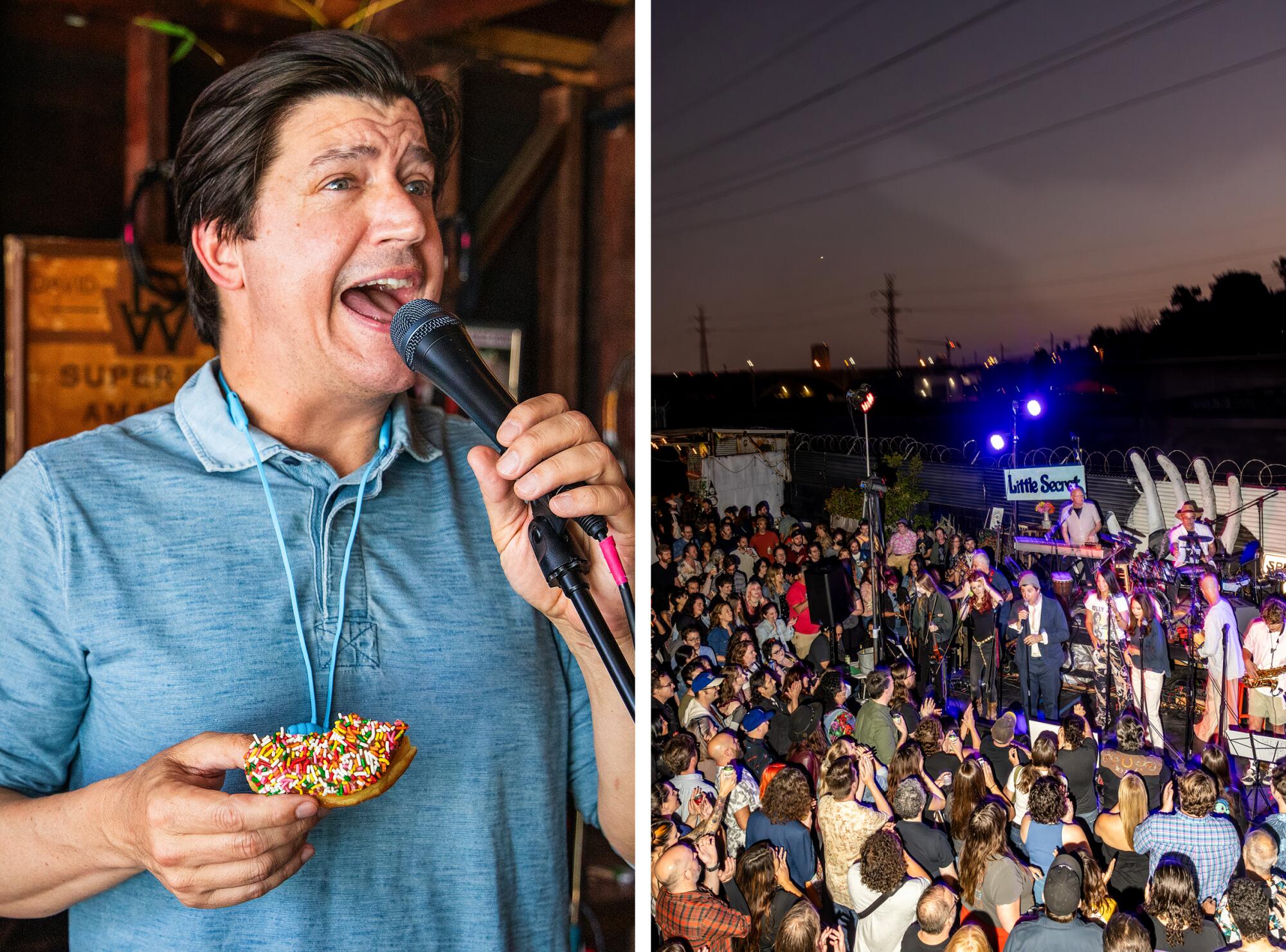 Two photos next to each other, one of Ken Marino singing with a donut in his hand, and the other of a crowd at a concert.