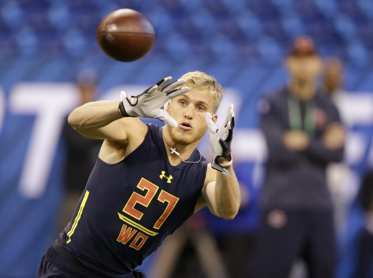 Eastern Washington receiver Cooper Kupp catches a pass during a drill at the NFL scouting combine on March 4.
