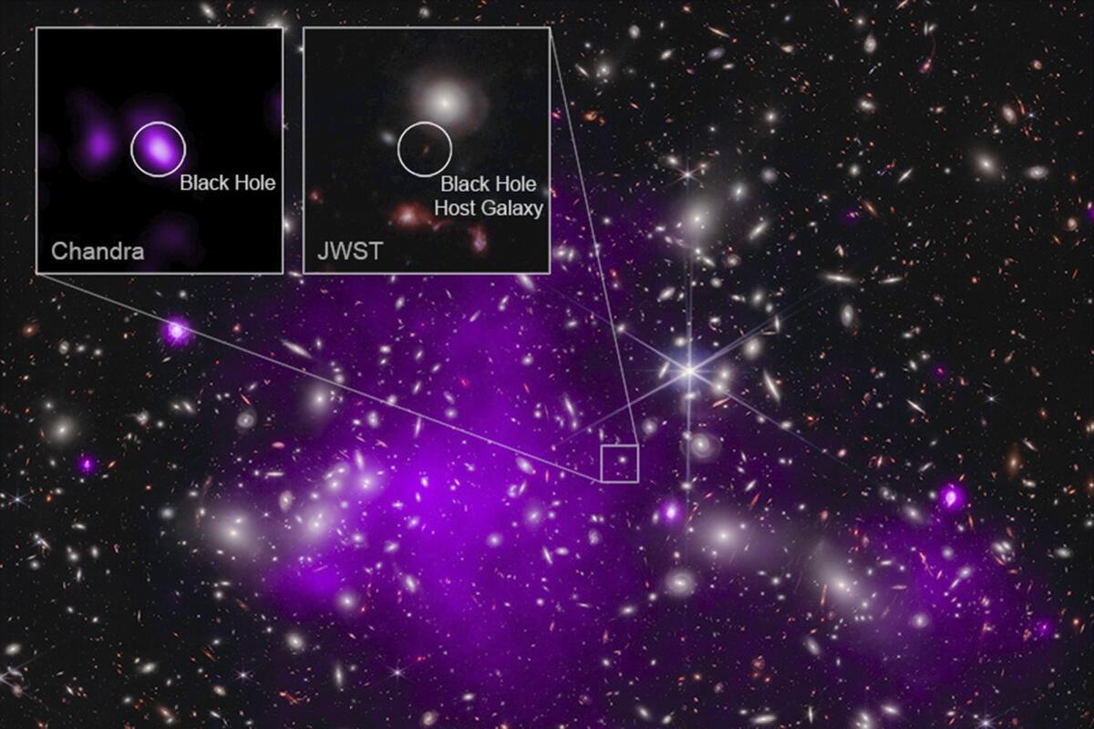Telescope's view of the blackness of space dotted with stars and galaxies and a large purple cloud