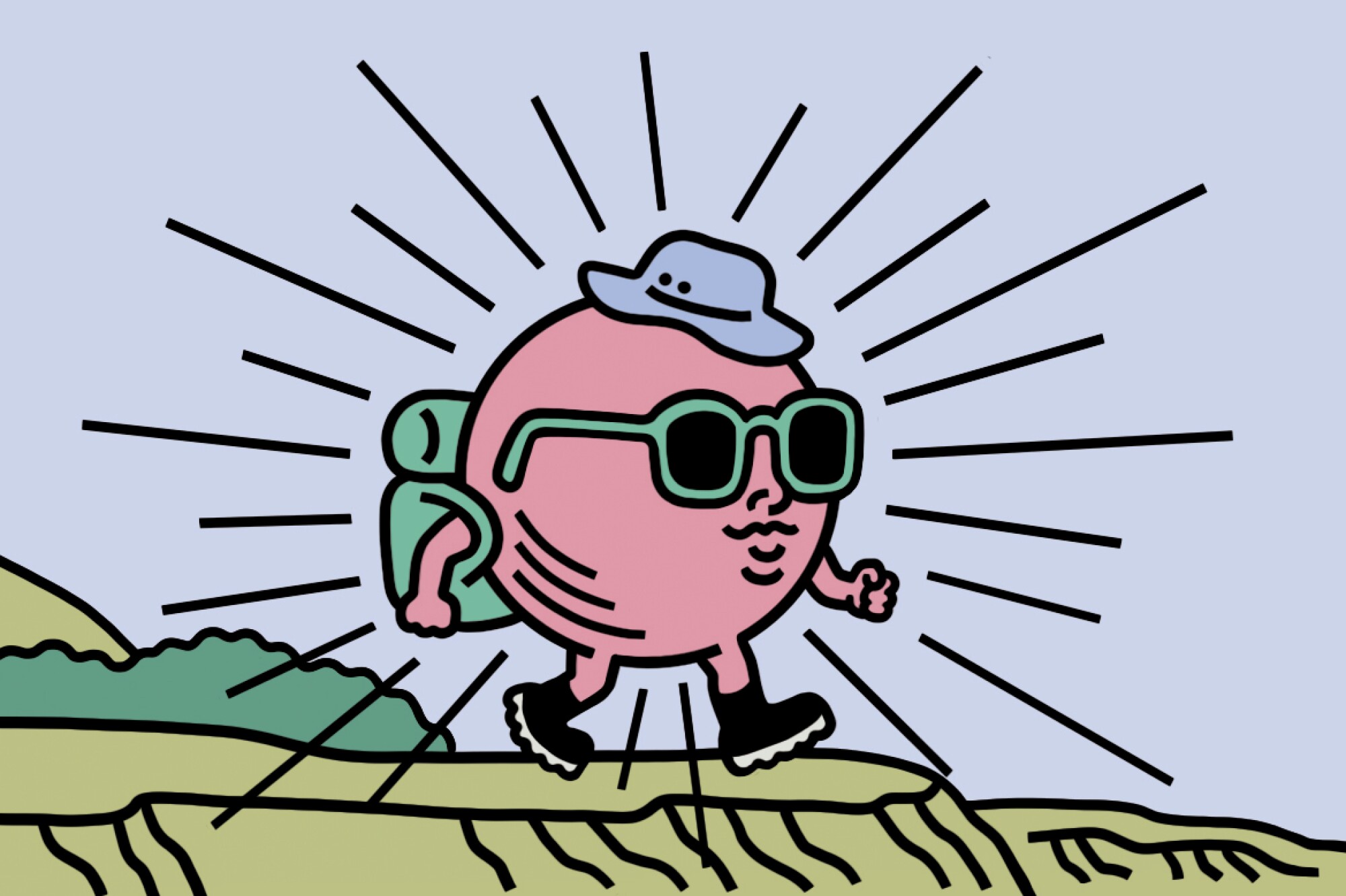 An illustration of a stylized character hiking