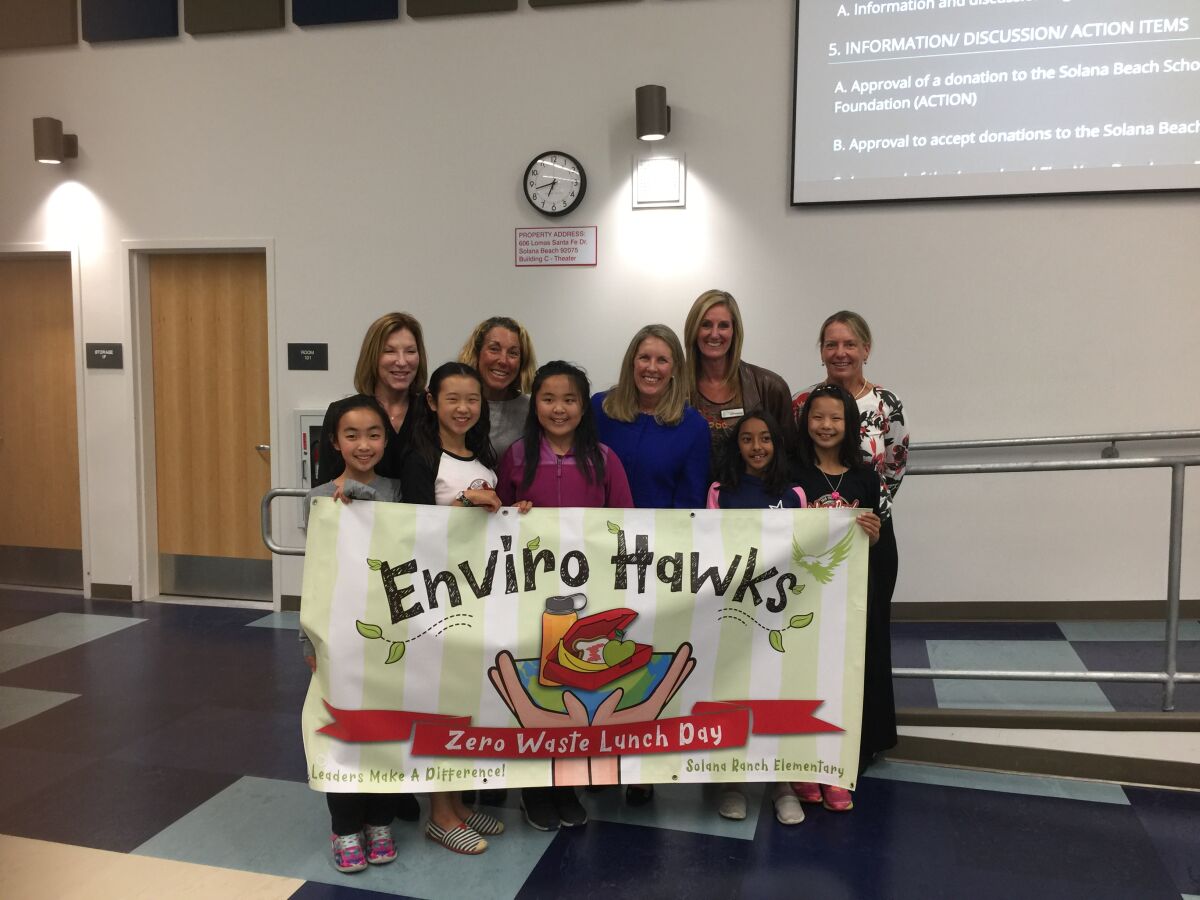 Solana Ranch EnviroHawks Kate Zhao, Alethia Li, Janet Yang, Sohini Sampath and Anita Qian with Solana Beach School District board members and the superintendent at the Nov. 14 board meeting.