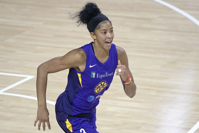 Los Angeles Sparks forward Candace Parker (3) runs up the court during the second half of a WNBA basketball game against the Indiana Fever, Saturday, Aug. 15, 2020, in Bradenton, Fla. (AP Photo/Phelan M. Ebenhack)