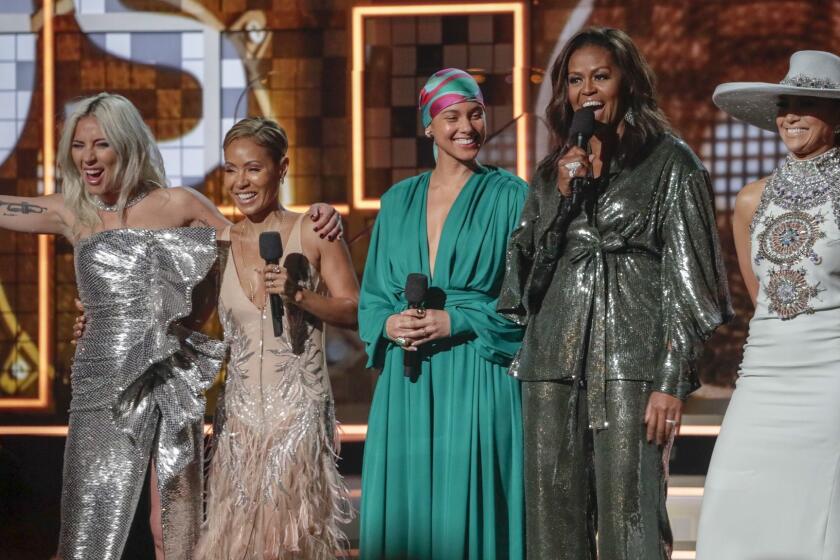 LOS ANGELES, CA - February 10, 2019 (L-R) Alicia Keys, Lady Gaga, Jada Pinkett Smith, Michelle Obama and Jennifer Lopez at the 61st GRAMMY Awards at STAPLES Center in Los Angeles, CA. Sunday, February 10, 2019. (Robert Gauthier / Los Angeles Times)