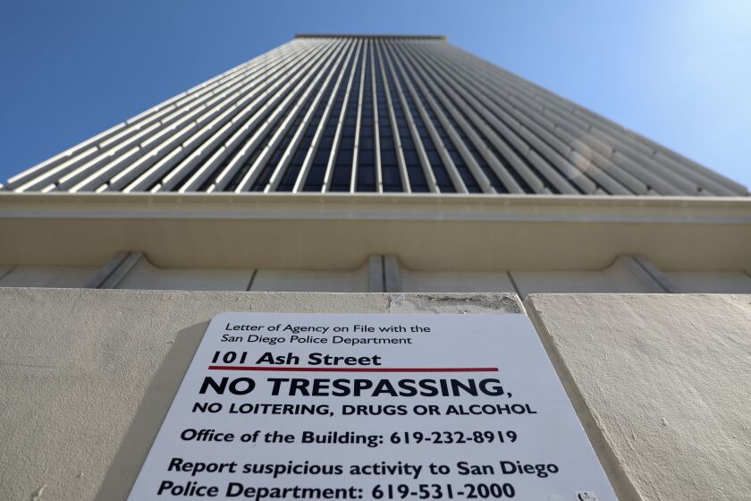 LA MESA, CA-JUNE 20: View of the 101 Ash Street building in Downtown San Diego on Monday, June 20, 2022. The City of San Diego has reached a settlement over the lawsuit for the building. (Photo by Sandy Huffaker for The SD Union-Tribune)