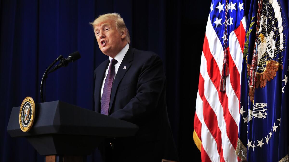 President Donald Trump speaks during a conference supporting veterans and military families through partnership at the Eisenhower Executive Office Building on the White House complex in Washington.