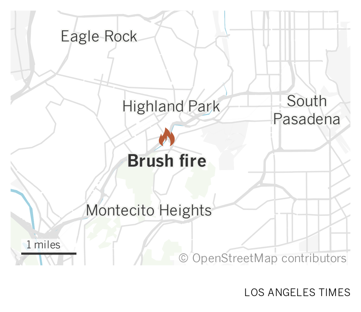 A map of Northeast Los Angeles shows where a brush fire was burning near the 110 Freeway in Highland Park