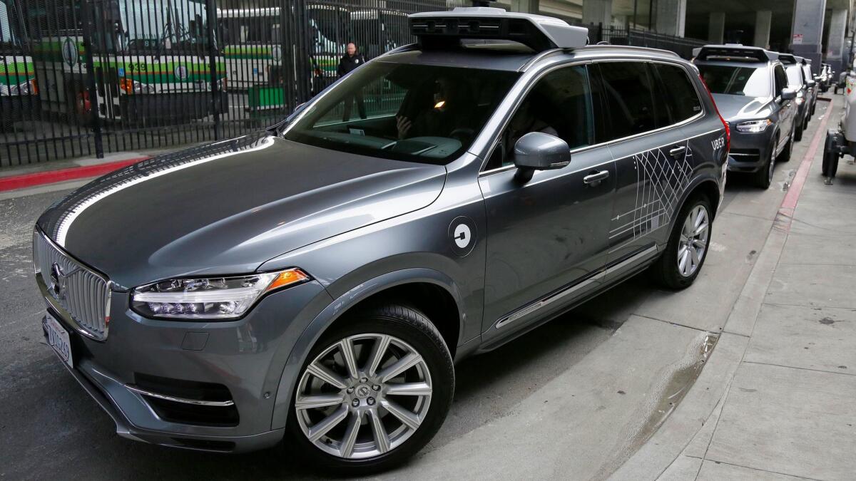 Uber hosted a public relations parade of robot-equipped Volvos in San Francisco earlier in December.