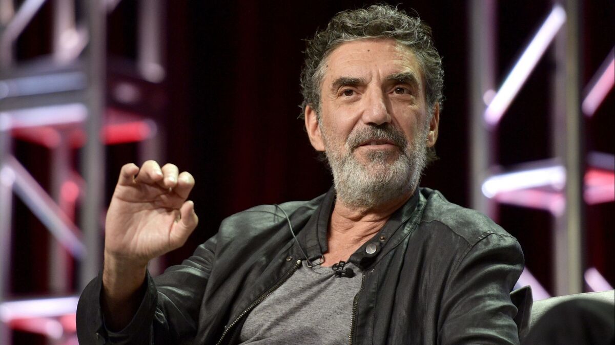 Veteran producer Chuck Lorre, seen here promoting "The Kominsky Method" during Netflix's day at the Television Critics Assn. press tour in Beverly Hills, is asked about recent allegations against CBS Corp. Chief Executive Les Moonves.