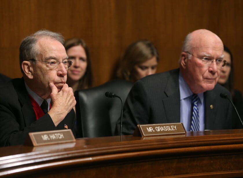 Sen. Chuck Grassley (R-Iowa) and Chairman Patrick Leahy (D-Vt.) during a Senate Judiciary Committee hearing on Capitol Hill.
