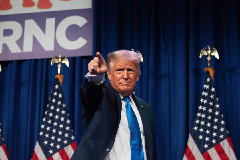 US President Donald Trump speaks during the first day of the Republican National Convention on August 24, 2020, in Charlotte, North Carolina. - President Donald Trump went into battle for a second term Monday with his nomination at a Republican convention where he will draw on all his showman's instincts to try and change the narrative in an election he is currently set to lose. (Photo by Logan Cyrus / AFP) (Photo by LOGAN CYRUS/AFP via Getty Images)