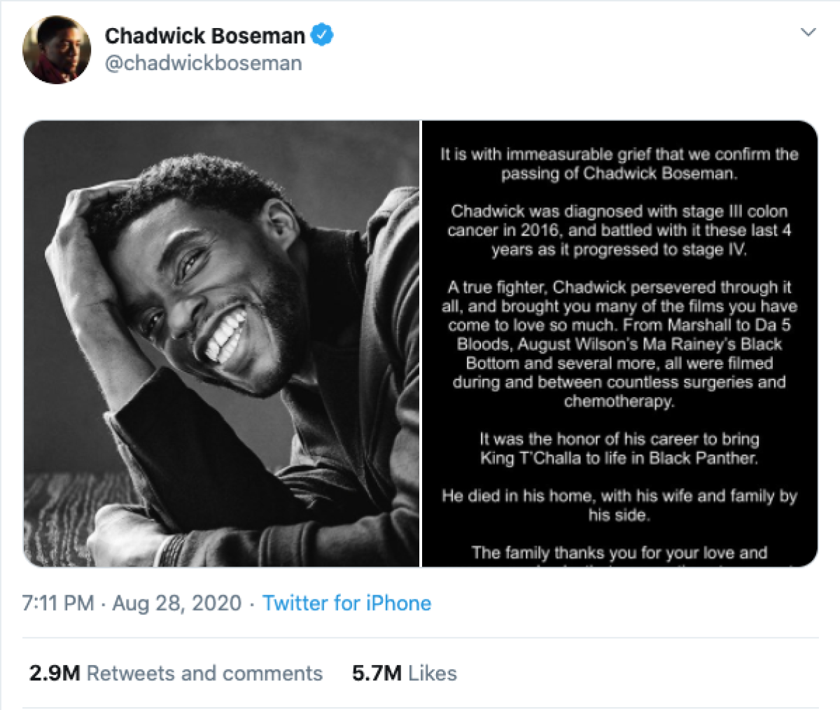 Most Liked Tweet Is From Chadwick Bosemans Account Los Angeles Times 