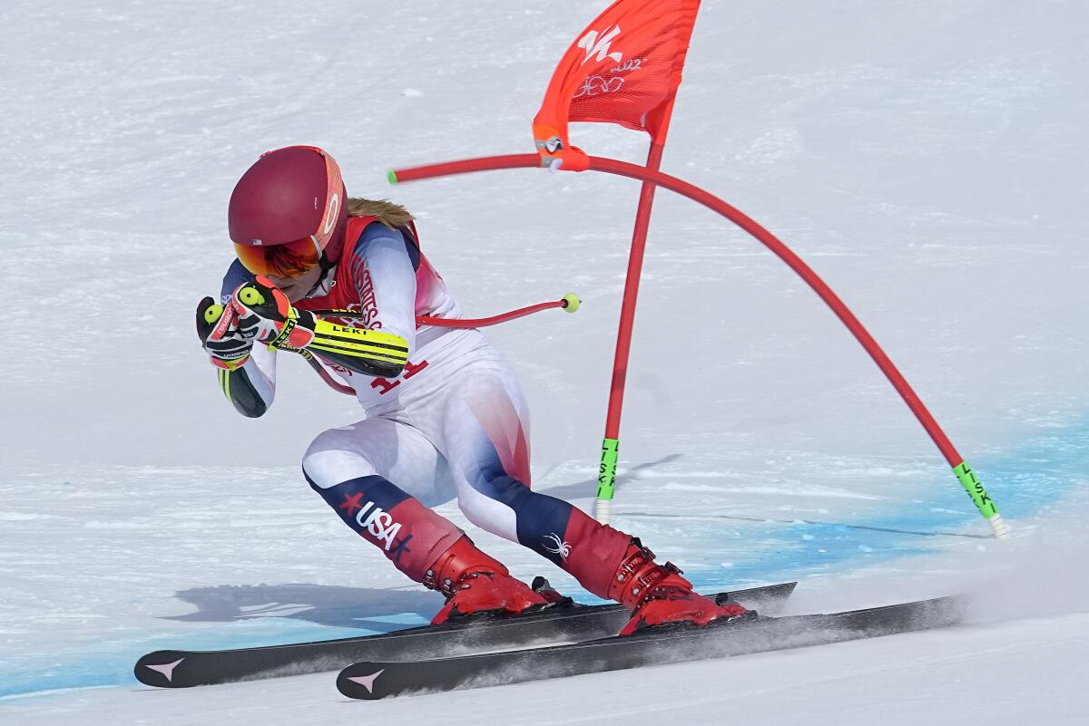 Mikaela Shiffrin makes a turn during her super-G run at the Winter Olympics on Friday.