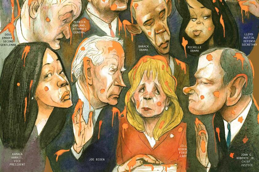 Graphic op-ed illustration depicting Joe Biden and Kamala Harris on inauguration day with new cabinet members drenched in slime from a toxic mess from Pres. Donald Trump.